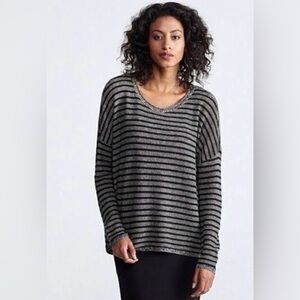 Eileen Fisher Black and Gray Striped Knit Top wool-linen knit 
Size S